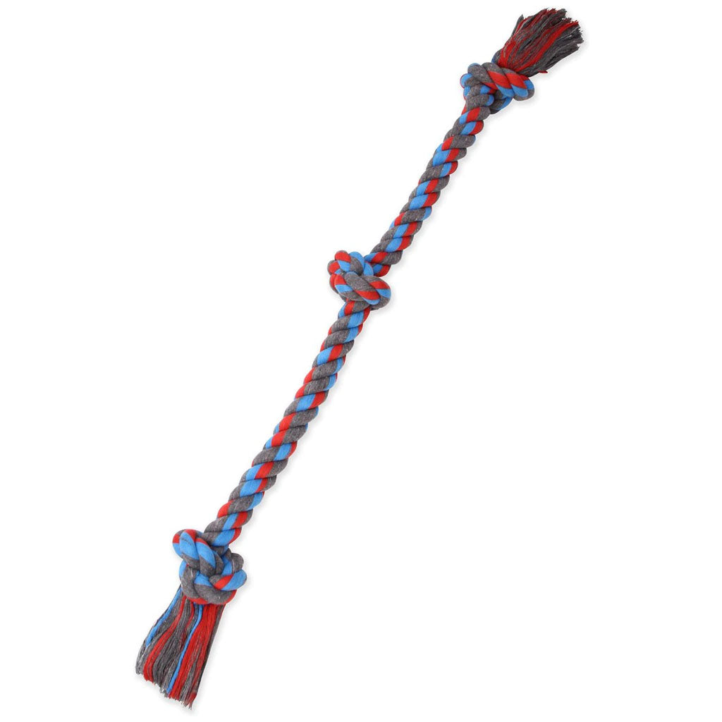 Mammoth three-knot rope dog toy braided in gray, red, and blue with tassel ends.