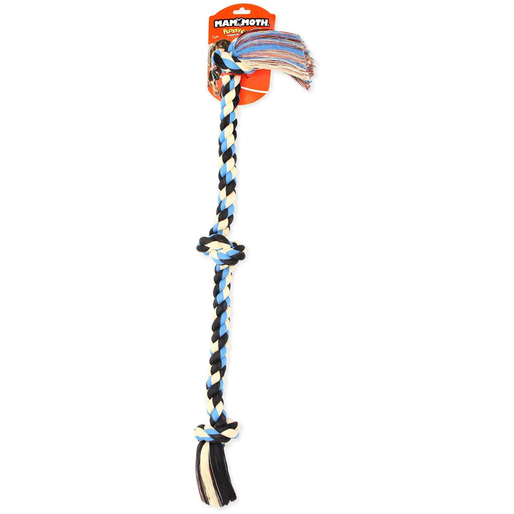 Mammoth Flossy Chews three-knot rope dog toy in blue, cream, and black with its retail tag.