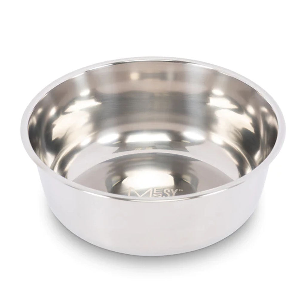 Extra-large Messy Mutts stainless steel pet bowl with a polished interior and rounded rim.