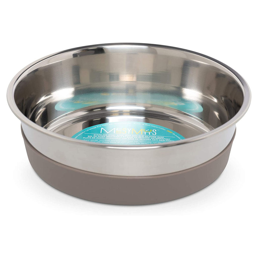 Extra-large Messy Mutts stainless steel bowl seated in its gray removable silicone base.