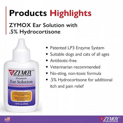 Enzymatic Ear Solution 1.25oz product highlights. Patented lp3 enzyme system, suitable for dogs and cats, antibiotic free , vet recommended, no sting non toxic. 